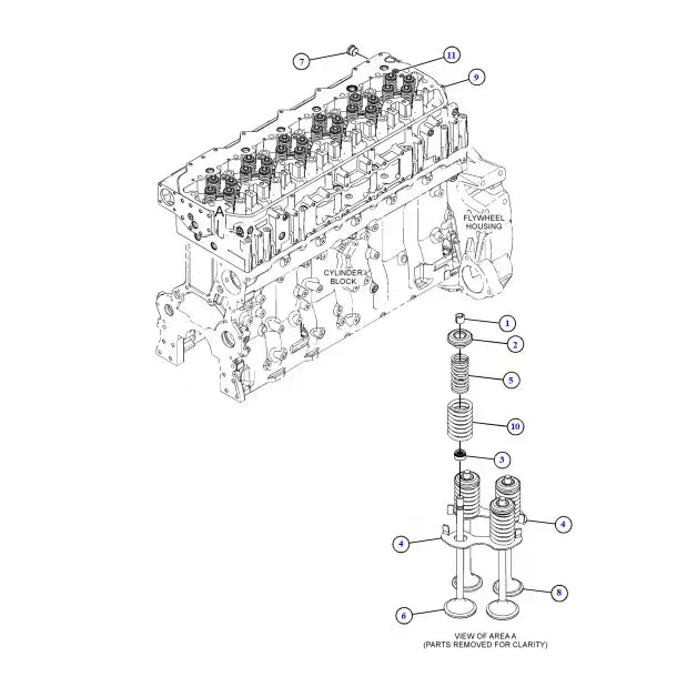 Illustration of the inside of a heavy equipment engine with flywheel housing and cylinder block